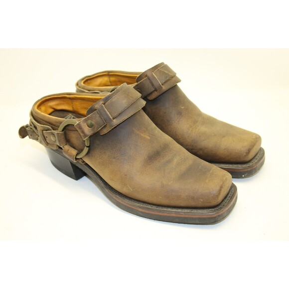 Frye Belted Harness Mules Clogs Boot Style Women Sz 6 M Brown‎ Leather 70760-3 - Picture 1 of 14